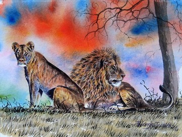 Lion et Lionne de l’Afrique Peinture à l'huile
